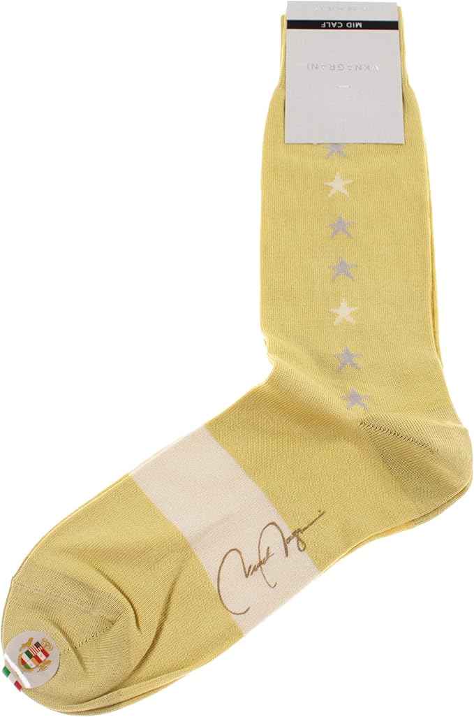 VK Nagrani Men?s Dress Socks Mid Calf -Yellowish Green with Ivory and Gray Stars