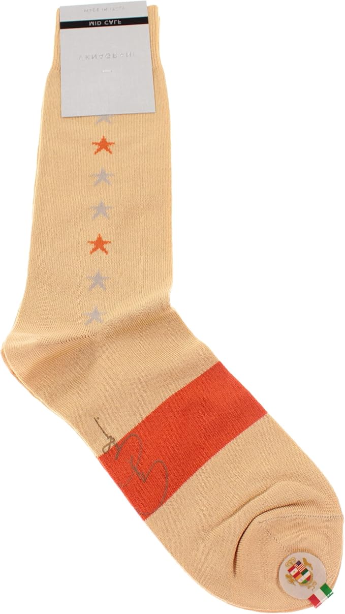 VK Nagrani Men?s Dress Socks Mid Calf -Yellow with Tan and Orange Stars