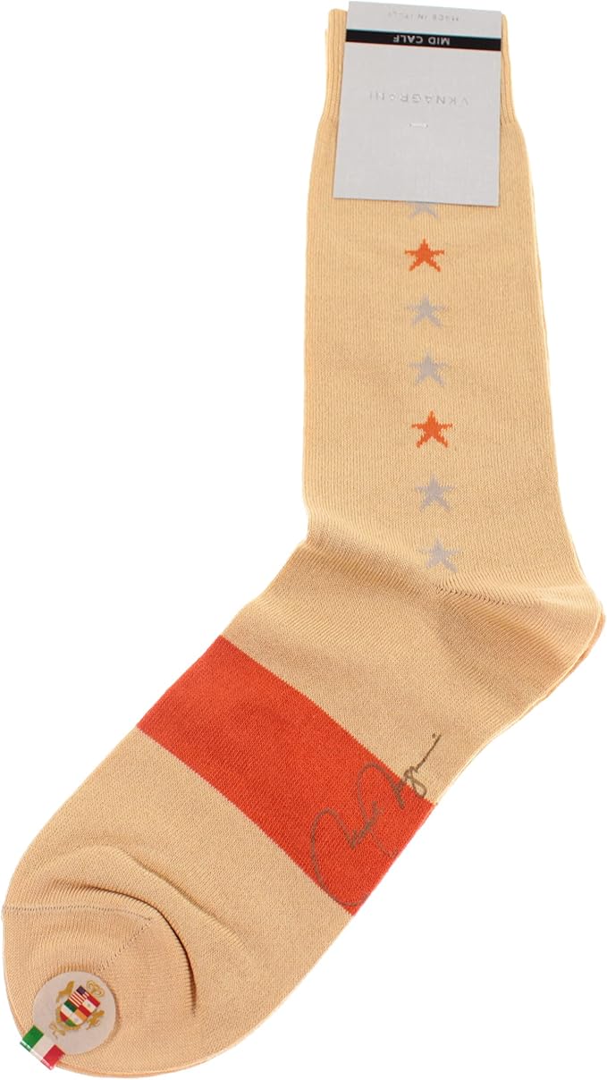 VK Nagrani Men?s Dress Socks Mid Calf -Yellow with Tan and Orange Stars